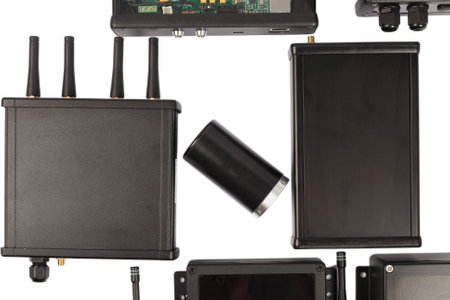 Modern electronic circuits on a white background, a set of various devicesの写真素材