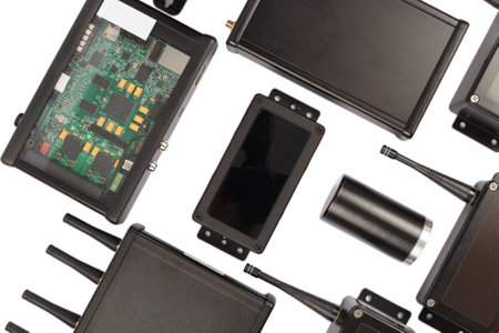 Modern electronic circuits on a white background, a set of various devicesの写真素材