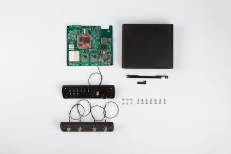 Modern electronic circuits on a white background, a set of various devices