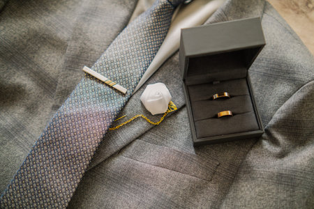 Wedding rings in a box with mens wedding accessories