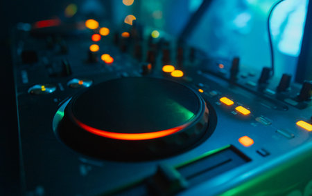A DJ booth in the evening lights of a club