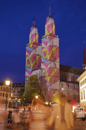 Grossmunster cathedral in Zurich, Switzerland in color overlay projection while Zurich City Festival 2010.の写真素材