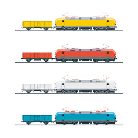 Modern electric locomotive and gondola car in four color options. Vector illustrationのイラスト素材