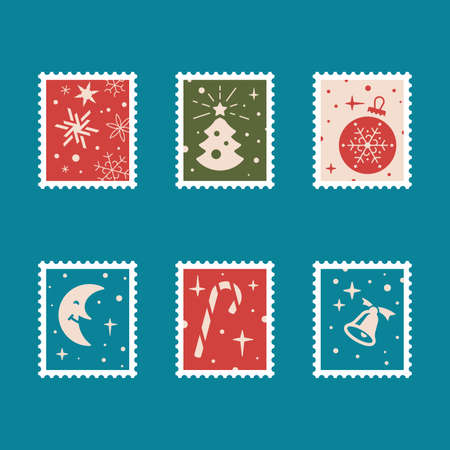 Set of Christmas postage stamps. Snowflakes, bell, Christmas tree toy, crescent moon, Christmas tree, candy caneのイラスト素材