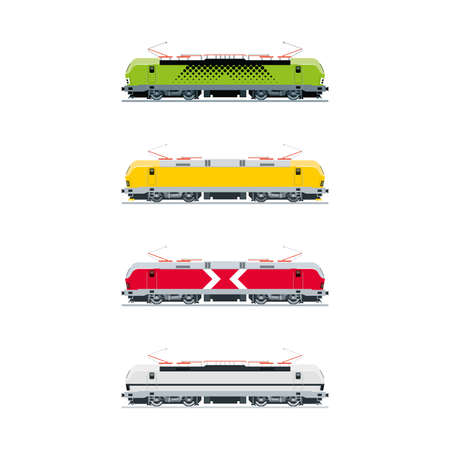 Modern electric locomotive in four coloring options. Side view. Vector illustrationのイラスト素材