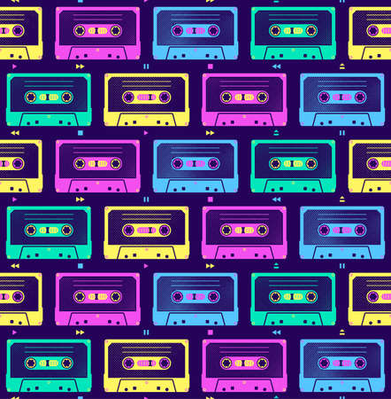 Audio cassettes. Bright seamless vector pattern in the style of the ninetiesのイラスト素材