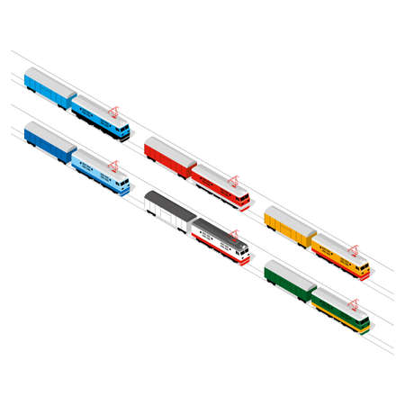 Freight trains in an isometric projection. Strokes are editable. Vector illustrationのイラスト素材