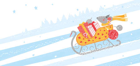 Funny Christmas rat rushing down the hill on a sleigh. Vector illustrationのイラスト素材