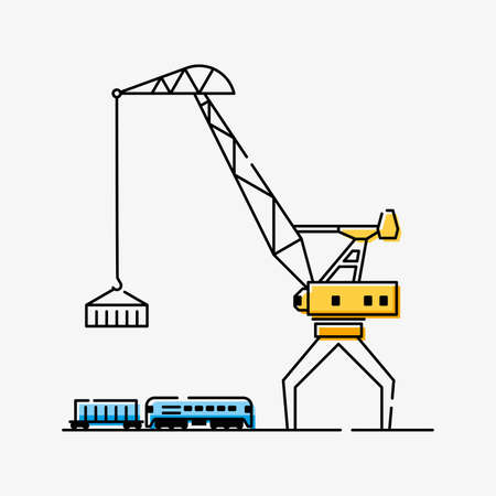 A port crane lifts a container from a railway platform. Vector illustrationのイラスト素材