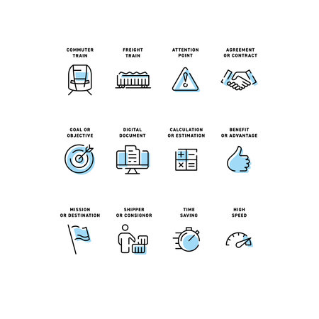 Railway transport development. A set of twelve thin vector icons. Strokes are editableのイラスト素材