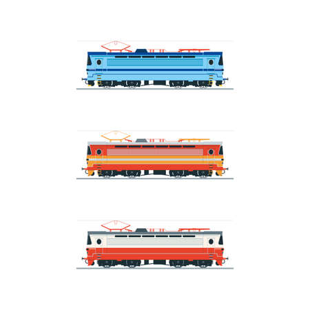 Electric locomotive. Side view. A set of three color illustrationsのイラスト素材
