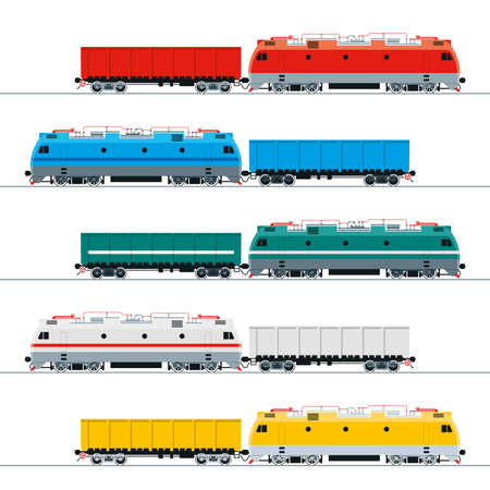 Modern electric locomotive and gondola car. Vector image in five color variationsのイラスト素材
