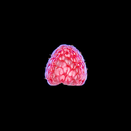 Top view of single fresh raspberry on black background, squared patternの写真素材