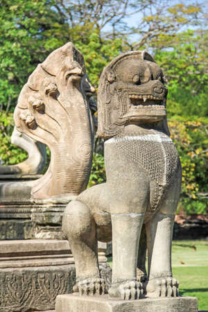 lion statue in Phimai Castle Rock of Thailand の写真素材