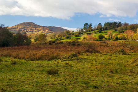 Image of an Irish landscape with gree hill slope and a mountain in the background.の写真素材