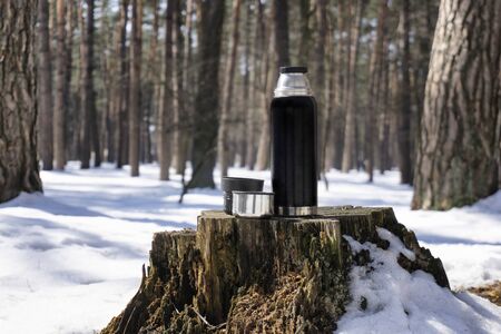 Black and silver   two cups standing on a stump in a snowy forest in winterの写真素材