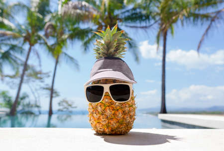 Funny pineapple character wearing sunglasses and a cap by a swimming pool on a tropical vacationの写真素材