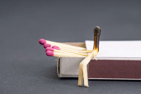 Close-up of a matchstick character sitting on an open matchboxの写真素材