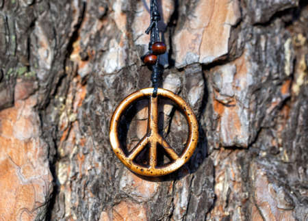 Close-up of a wooden peace sign necklace against a tree trunk bark, selective focus