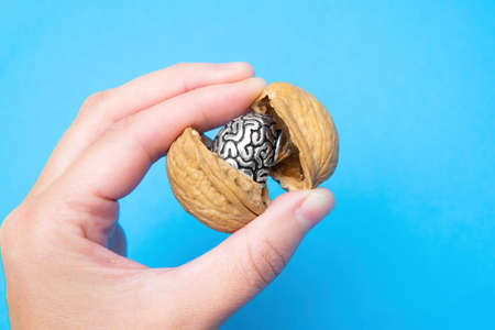 Female hand holding a miniature steel copy of a human brain in a nutshell against a blue background....