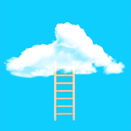 Wooden ladder leading up to a puffy cloud on a blue background. Climbing up to success.の写真素材