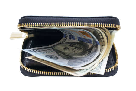 Zip-around closure wallet with dollar bills isolated on white background
