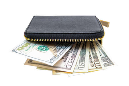 Zip-around closure wallet with fanned out dollar bills isolated on white background
