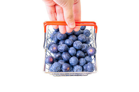 Crop view of a female hand holding a steel shopping basket full of fresh ripe blueberries isolated...