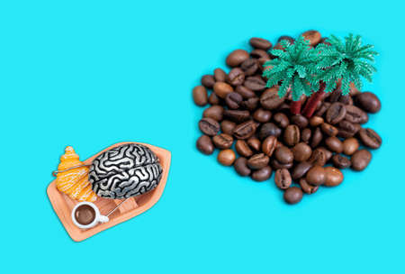 Miniature copy of a human brain in a wooden boat heading to a remote island made of roasted coffee...