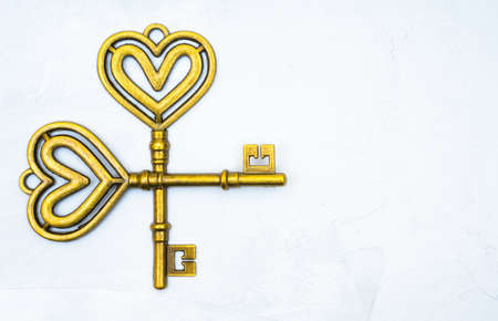 Two vintage style heart shaped skeleton keys crossed on a neutral background with copy space.