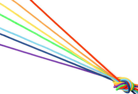 Rainbow colored braided cotton cords knotted together isolated on white background. Creative hub...