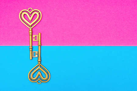 Two antique style heart shaped skeleton keys on a vivid contrast background. Creative romantic...