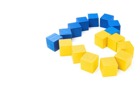 Heart arrangement made from wooden blocks painted the colors of the national flag of Ukraine...