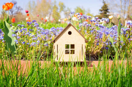 Wooden toy house model standing in a flower bed outdoors.の写真素材