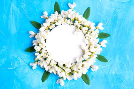 Sun shaped floral frame made from white acacia flowers on blue background with copy space.