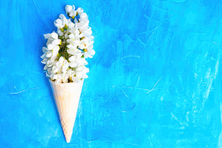 Cone ice cream shape made from white acacia petals on blue. Clean springtime background with copy...