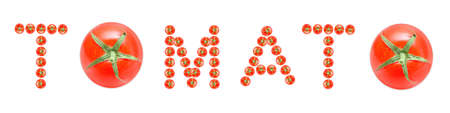 Fresh ripen cherry berries arranged into a TOMATO wording isolated on white background. Food art banner.の写真素材