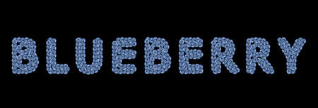 Word BLUEBERRY made from fresh blueberries isolated on black.
