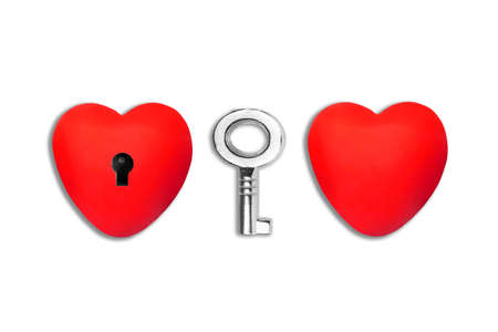 Red heart shapes and key isolated on white background. One heart has a keyhole.の写真素材