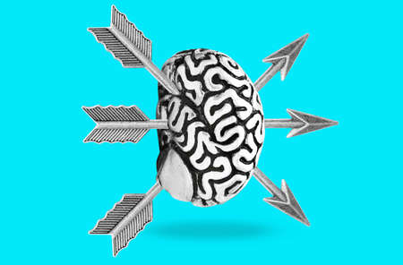 Group of feathered bow arrows passed through a metal copy of a human brain isolated on blue background.の写真素材