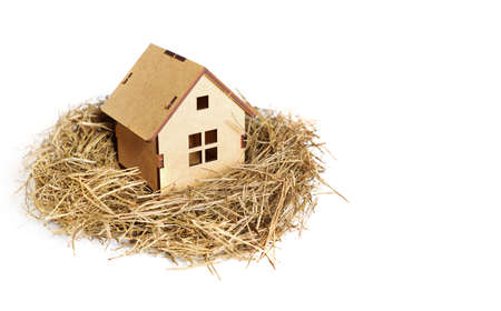 Wooden house model in a bird's nest isolated on white. Sweet home concept.の写真素材