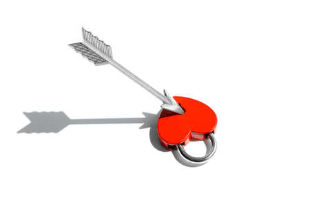 Red heart-shaped padlock with a steel feathered arrow isolated on white background. Symbolic...