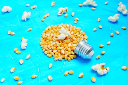 Light bulb shape made from raw and popped corn kernels on blue backgroundの写真素材