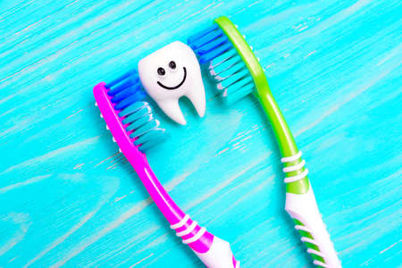 Funny tooth character between two colorful toothbrushes isolated on a blue wooden background. Daily...