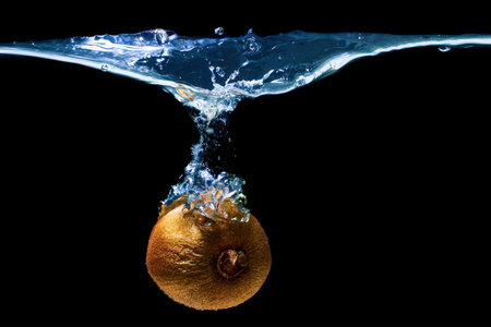 Fresh kiwi dropped underwater with splashes isolated on black backgroundの写真素材