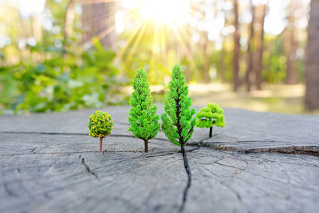 Toy forest on a tree stump at sunriseの写真素材