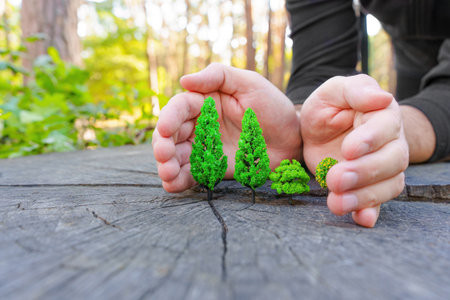Man protects toy trees placed on a tree stump outdoors. Forest care concept.
