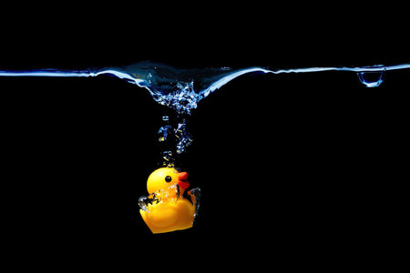 Toy duck splashing in water isolated on black background.の写真素材
