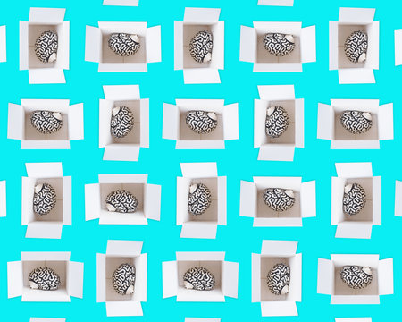Seamless background made from human brain in a box repetitions on blueの写真素材