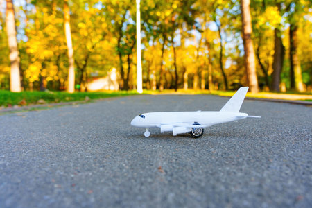 Toy aircraft in the park, selective focus. Cheap flight season concept.